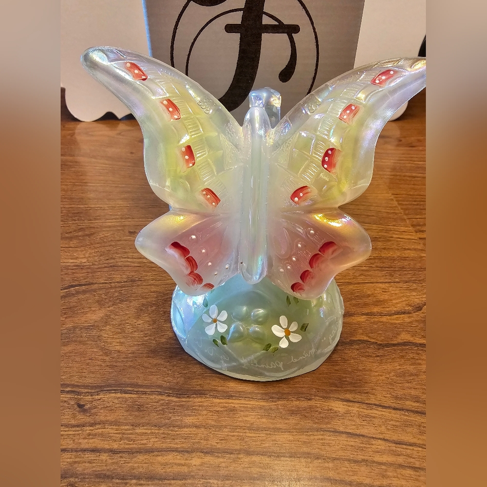 Fenton Opal Mist Hand Painted Glass Butterfly On Branch Figurine